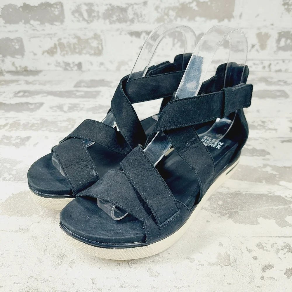NEW Eileen Fisher Sport Tumbled Nubuck Platform Black Sneaker Sandals H298
